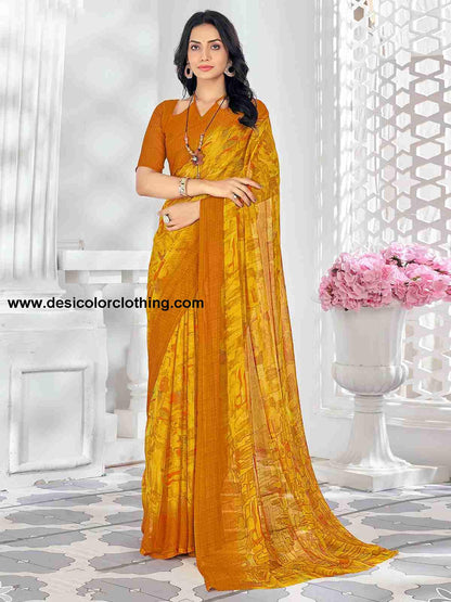 Yellow Chiffon Printed Saree