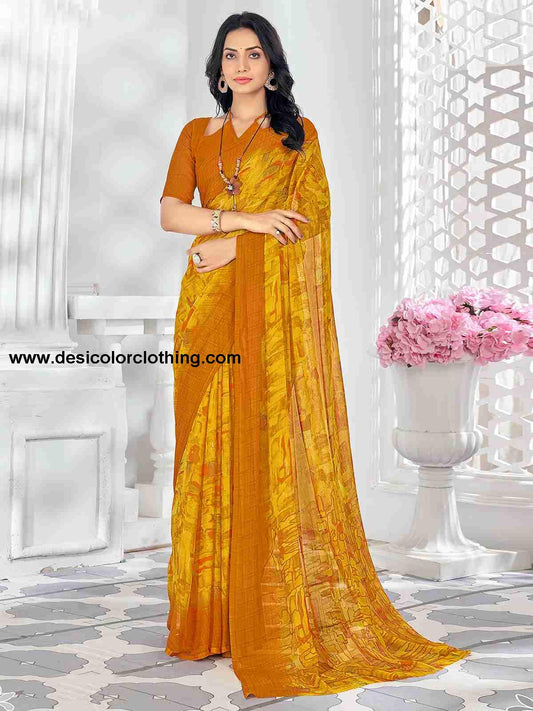Yellow Chiffon Printed Saree