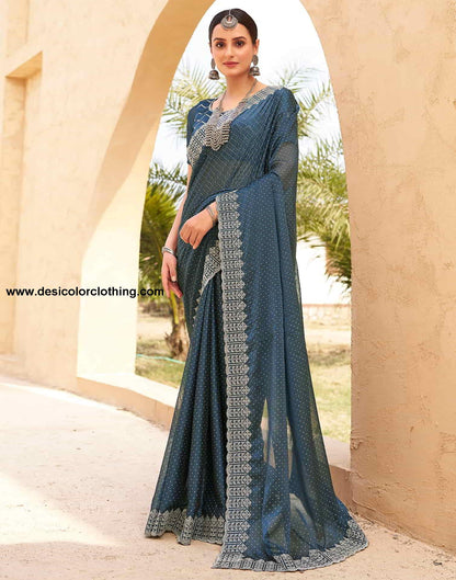 Blue Swarovski Georgette Embroidery Saree