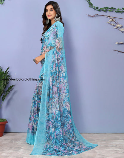 Sky Blue Georgette Floral Printed Saree