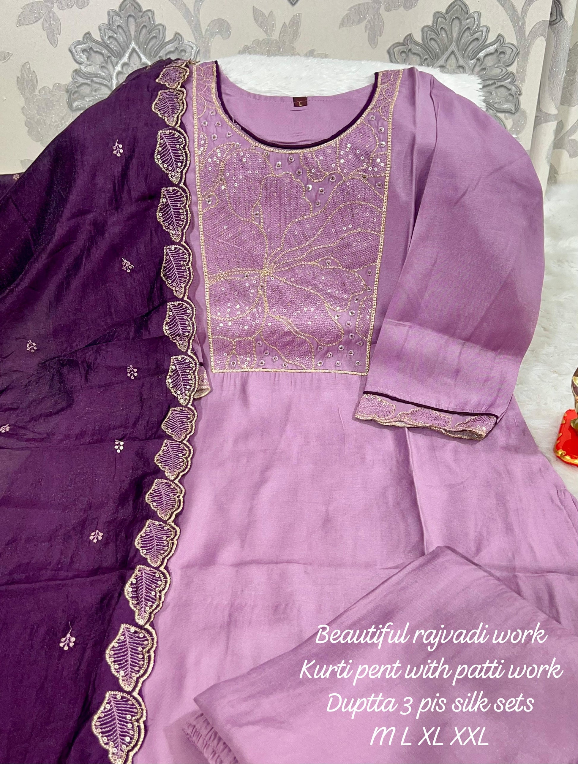 Product Image - Designer Handwork Kurti with Pant & Dupatta Set in Premium Roman Silk – Festive & Wedding Ready