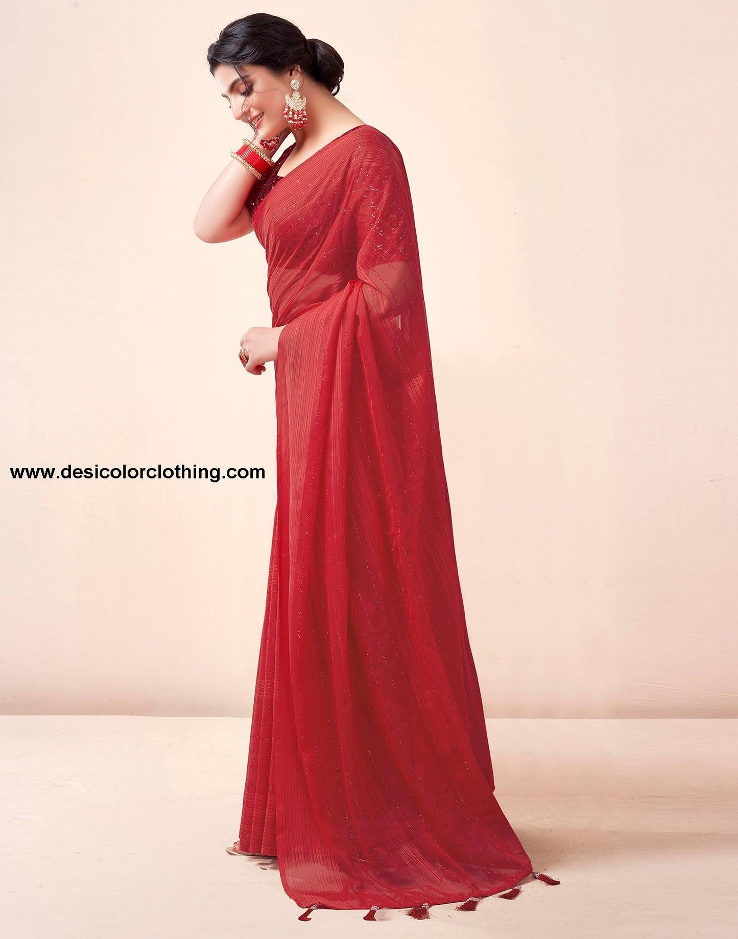 Red Georgette Plain Saree