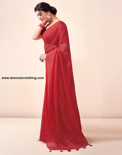 Red Georgette Plain Saree