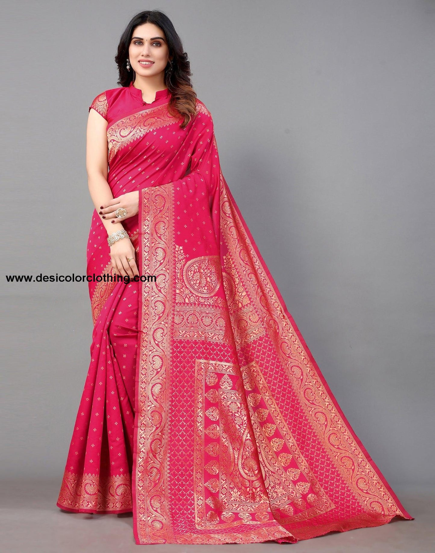 Pink And Golden Banarasi Silk Saree