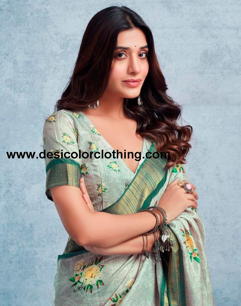 Dusty Green Silk Printed  Saree