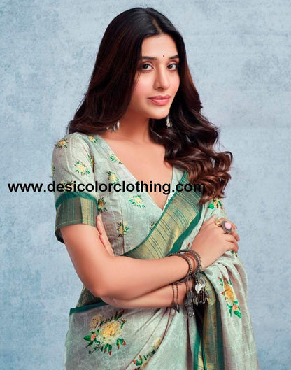 Dusty Green Silk Printed  Saree