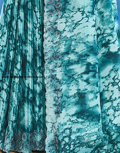 Turquoise Printed Silk Saree