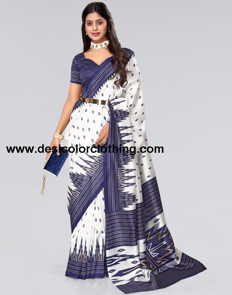 White Printed Silk Saree