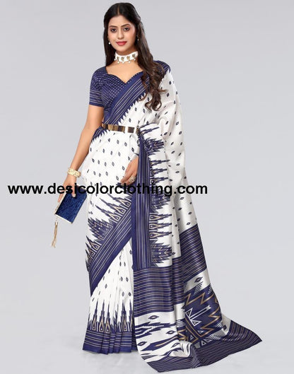 White Printed Silk Saree