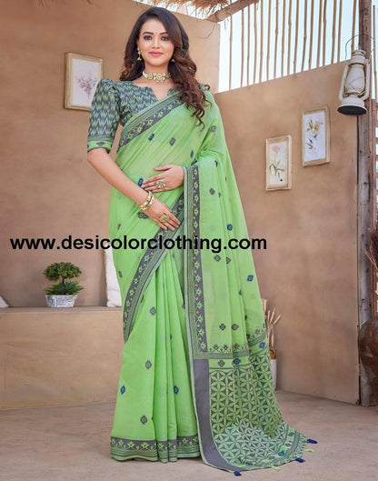 Pista Green Silk Plain Sarees