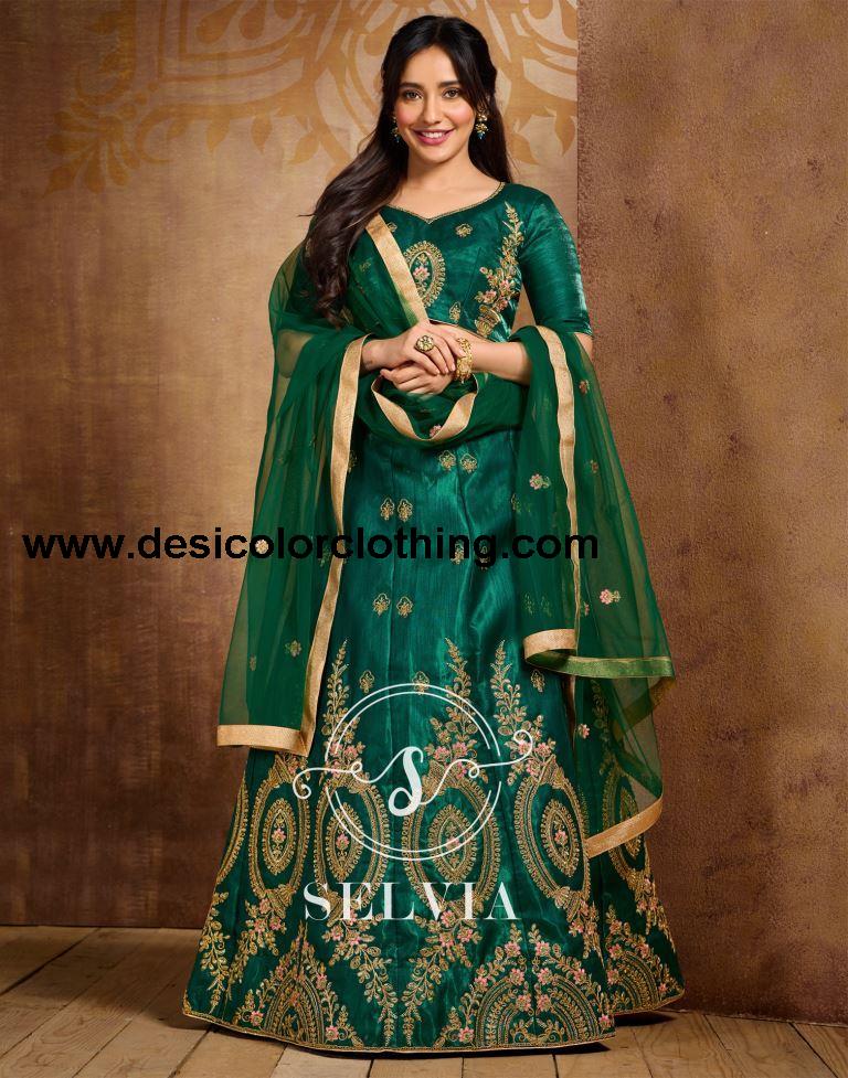 Bottle Green Coloured Poly Silk Embroidered Partywear Lehenga  | SLV125L10495