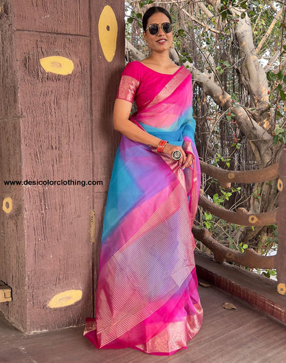 Rani Pink Plain Organza Saree