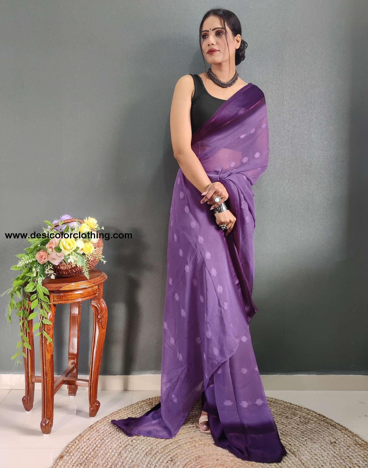 Pastel Purple Plain Georgette Pre-draped Saree