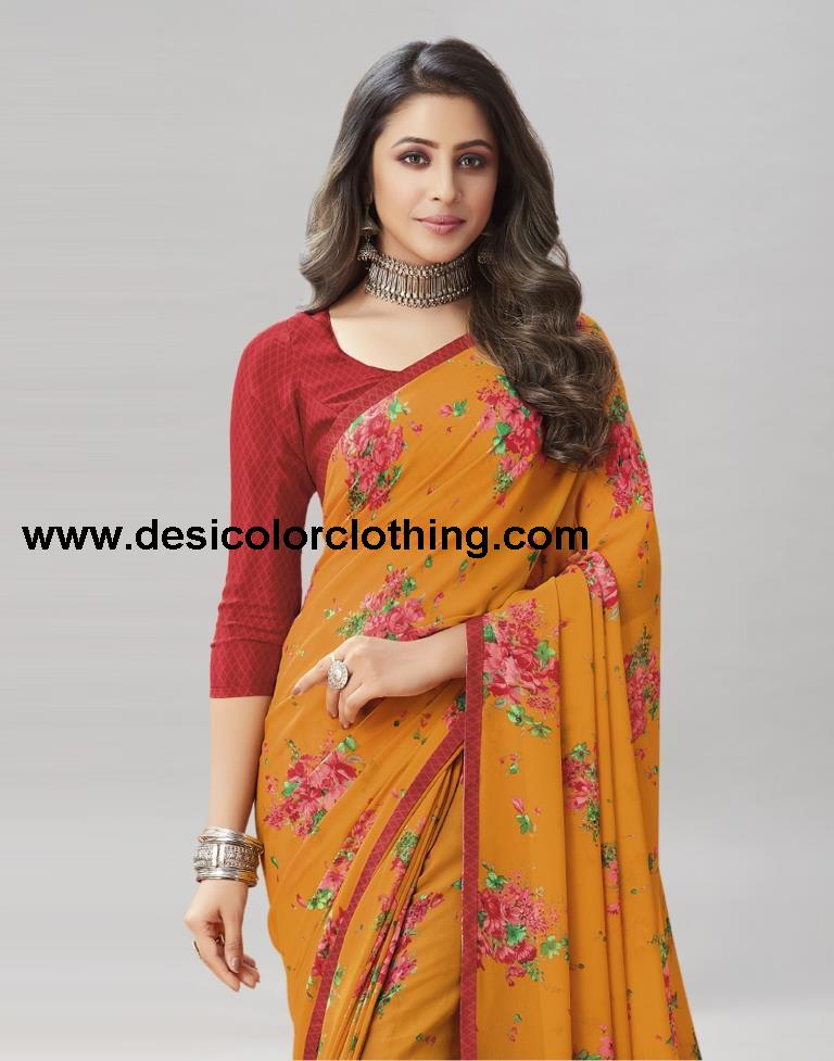 Turmeric Yellow Coloured Georgette Floral Printed Saree | SLV2207S954