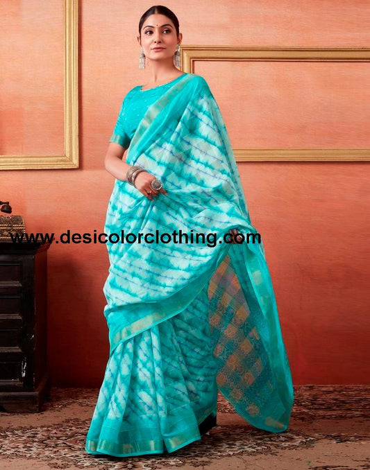 Turquoise Cotton Zari Saree
