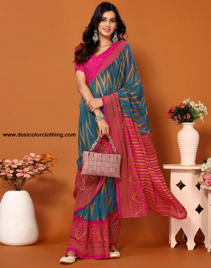 Teal Blue Georgette Printed Saree