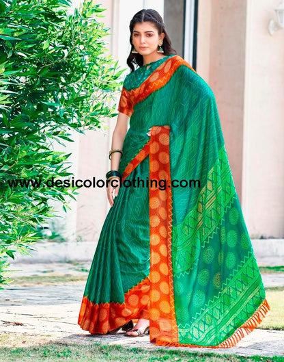 Teal Green Cotton Printed Sarees