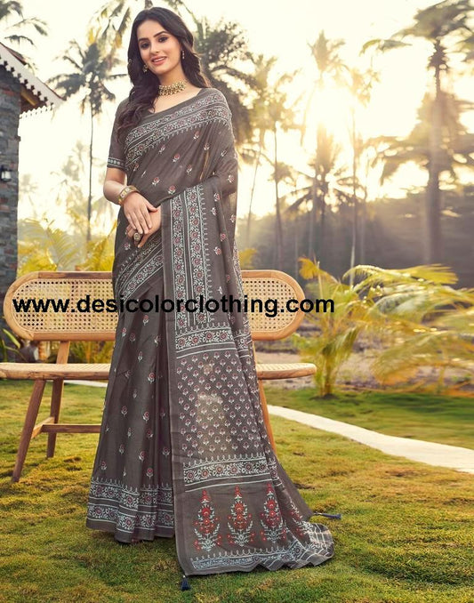 Stone Grey Cotton Printed Ready To Wear