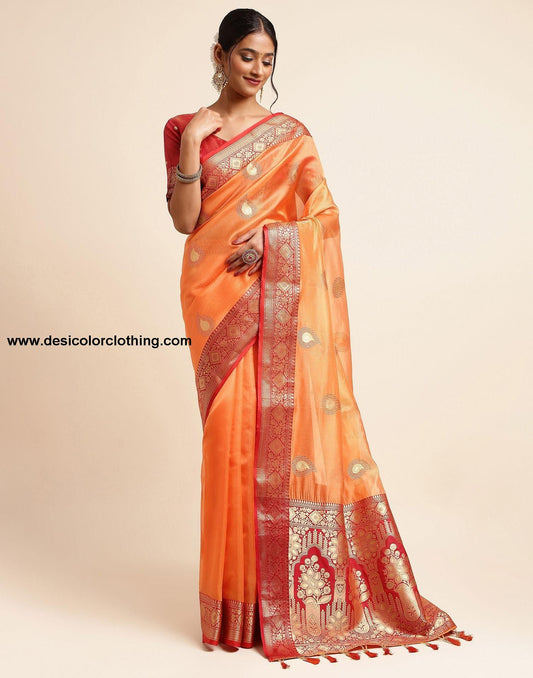 Orange Silk Banarasi Saree