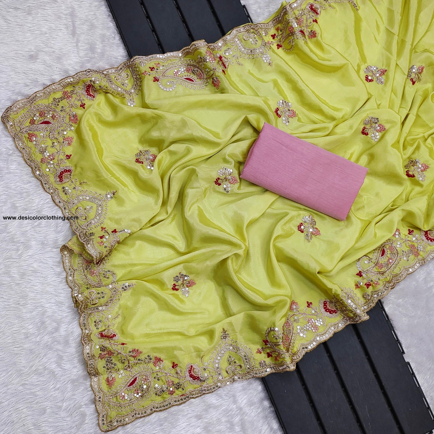 Premium Diamond Chinon Silk Saree with Heavy Embroidery