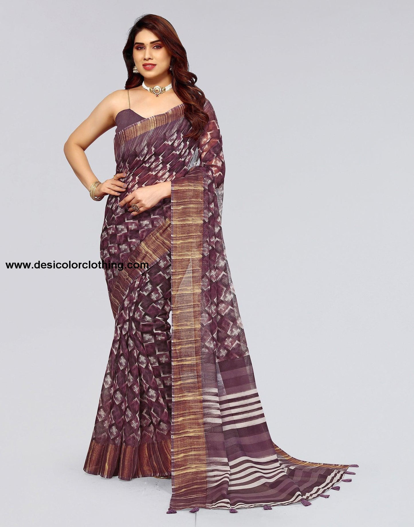 Dark Brown Cotton Printed Saree