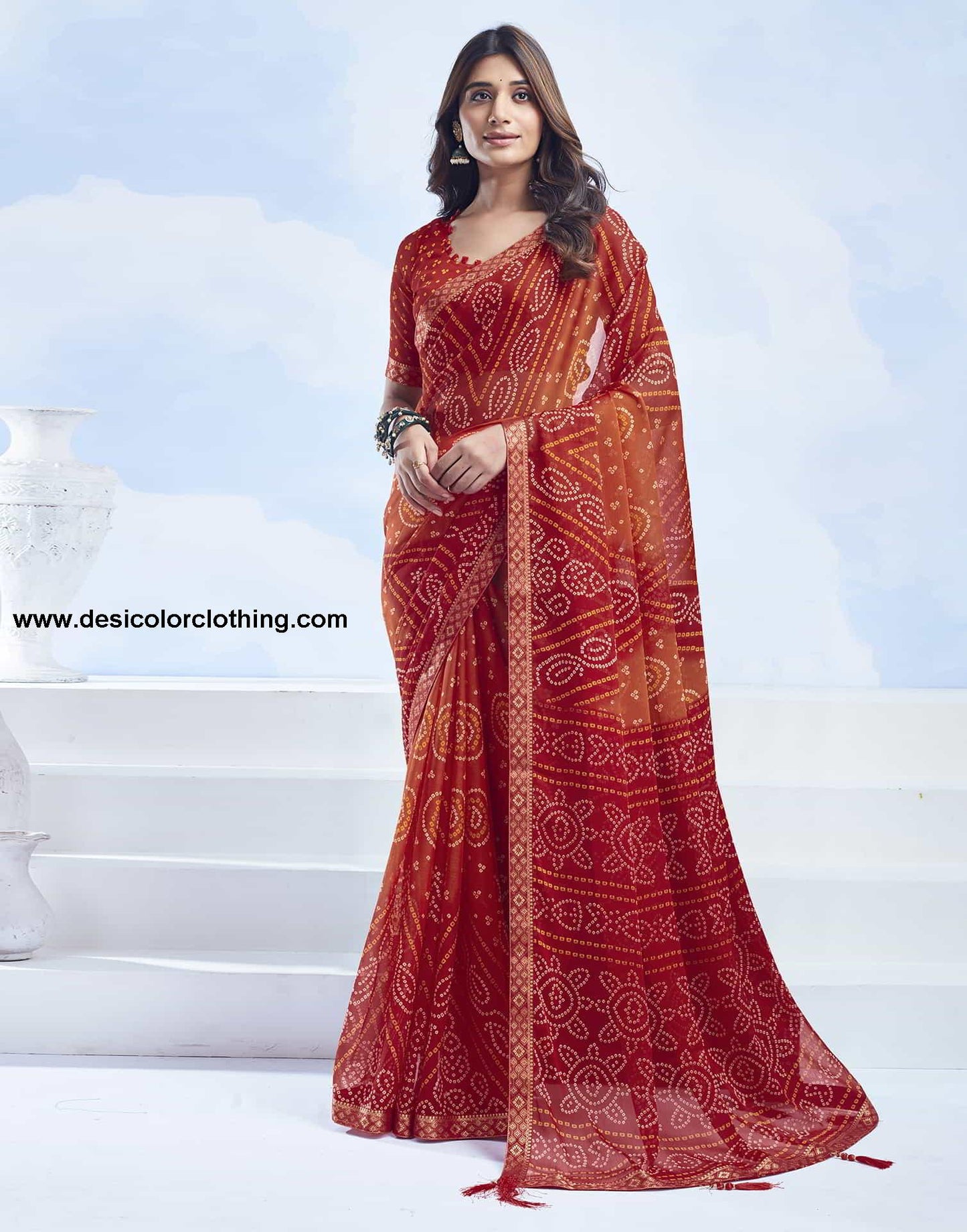 Red Bandhani Chiffon Saree