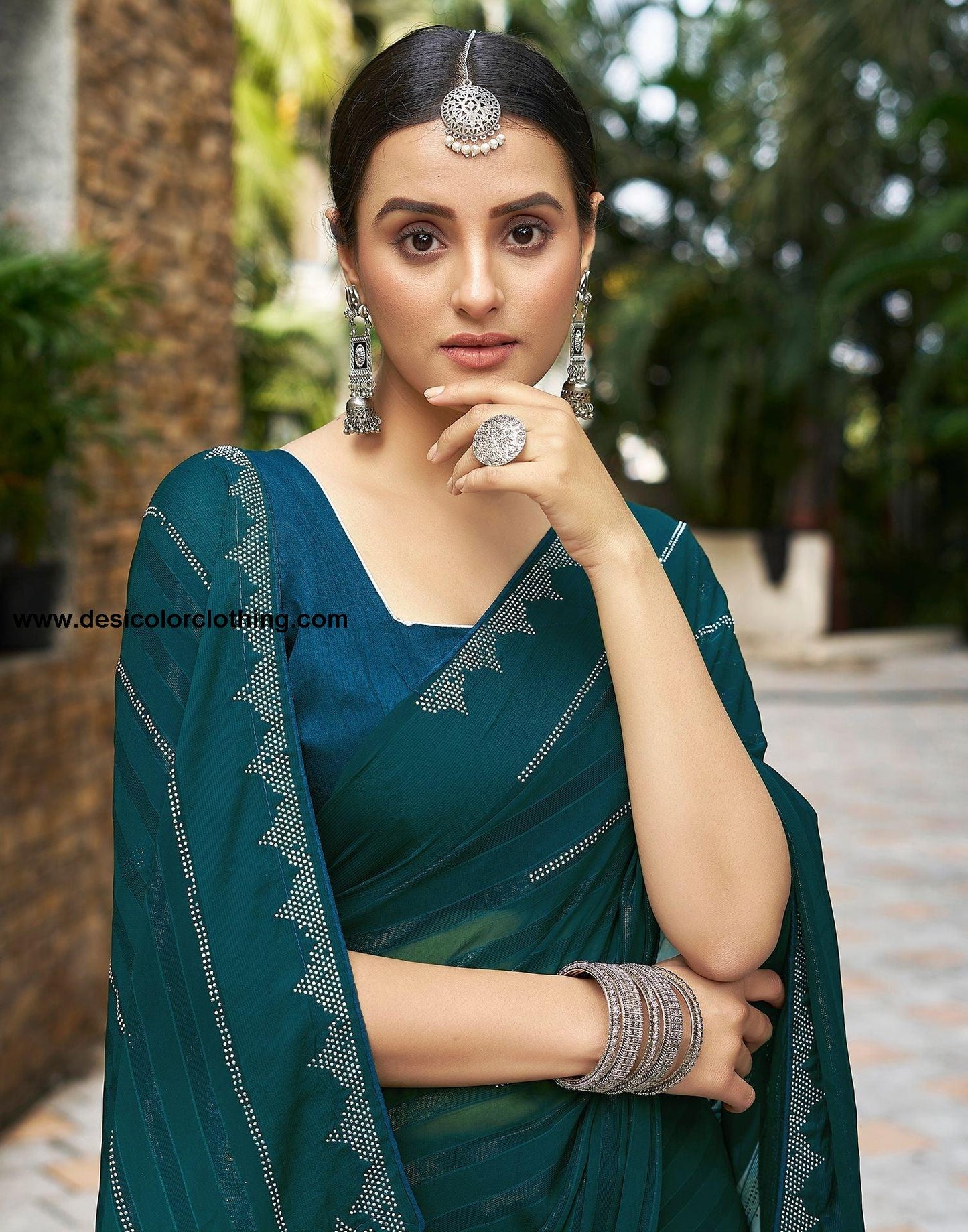 Dark Sea Blue Plain Georgette Saree