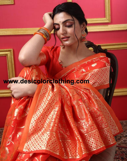 Orange Silk Plain Saree