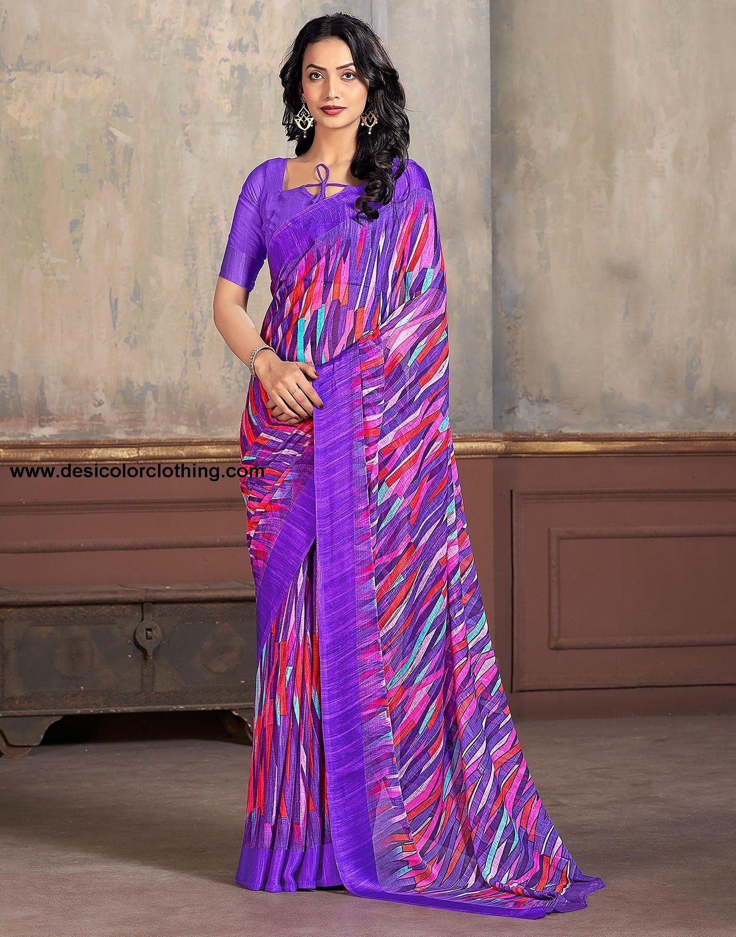 Purple Printed Chiffon Saree