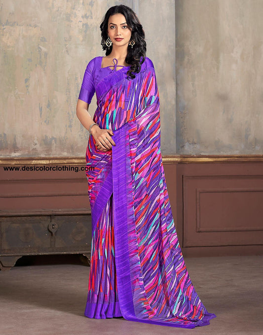 Purple Printed Chiffon Saree