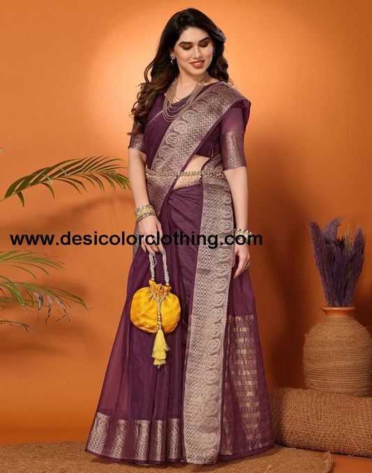 Wine Plain Organza Saree