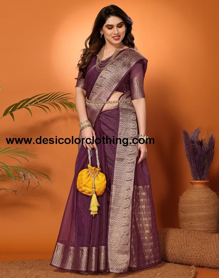 Wine Plain Organza Saree