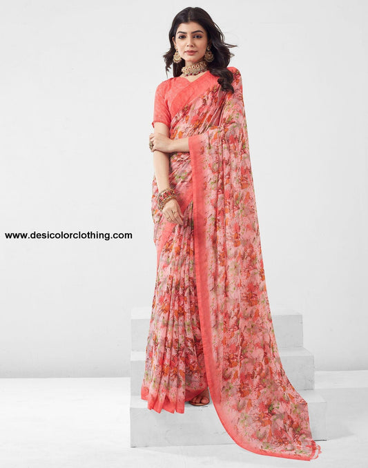 Rose Pink Printed Georgette Saree