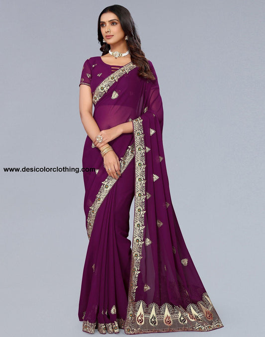 Wine Embroidery Saree