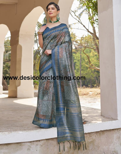 Blue Silk Printed Ready To Wear