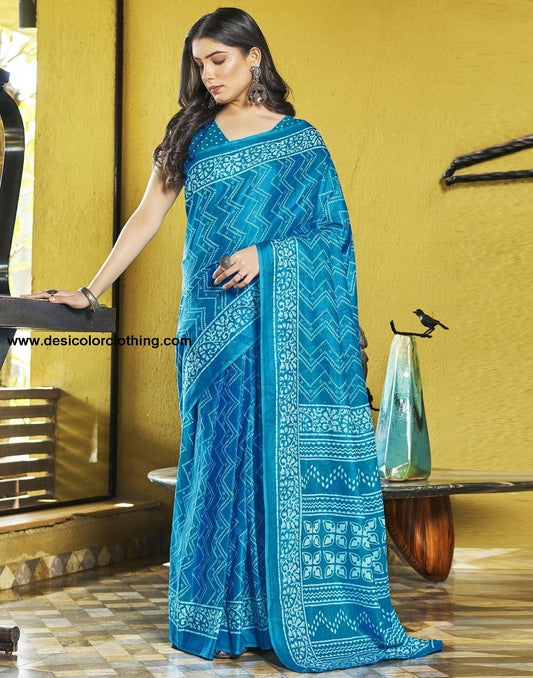 Blue Printed Cotton Pre-draped Saree