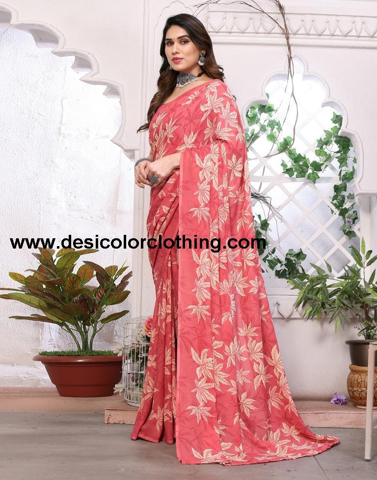 Rose Pink Georgette Floral Printed Saree