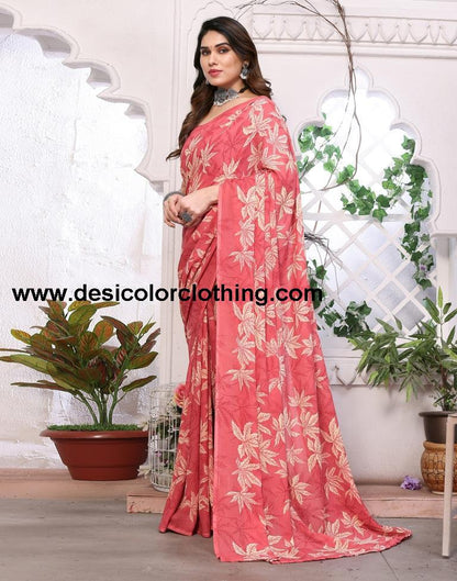 Rose Pink Georgette Floral Printed Saree