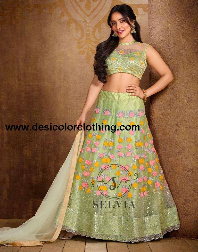 Pista Cream Coloured Net Sequence Embroidered Partywear Lehenga  | SLV125L10496
