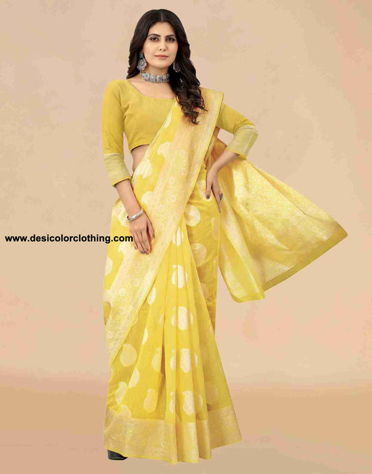 Yellow Cotton Plain Saree