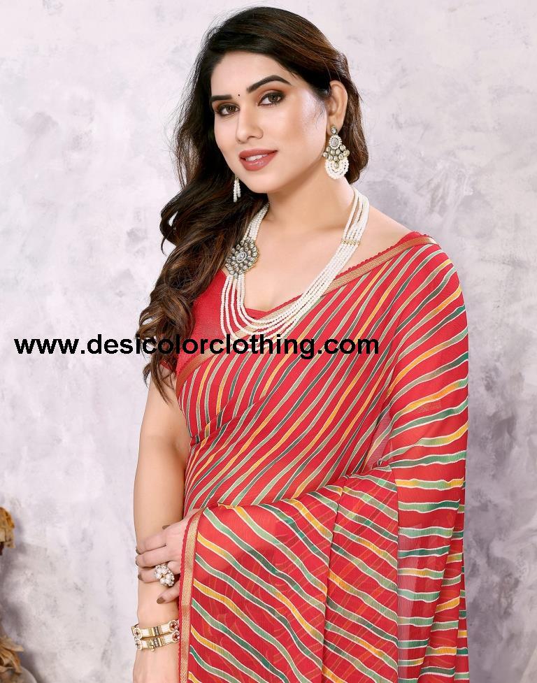 Red Chiffon Leheriya Printed Saree