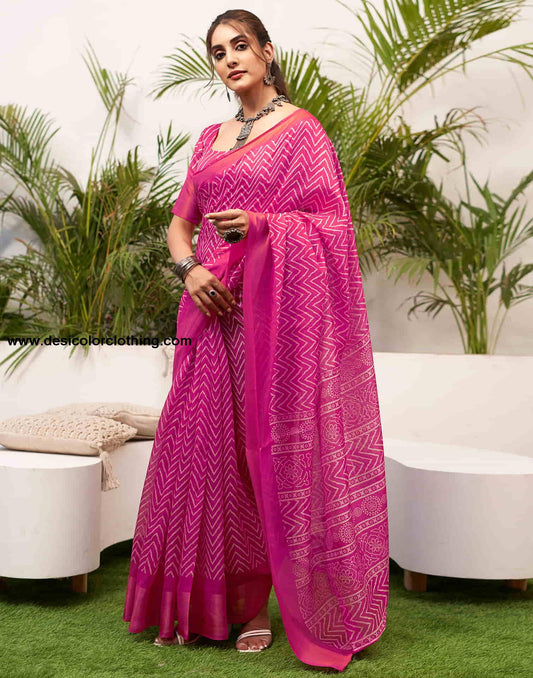 Rani Pink Cotton Printed Saree