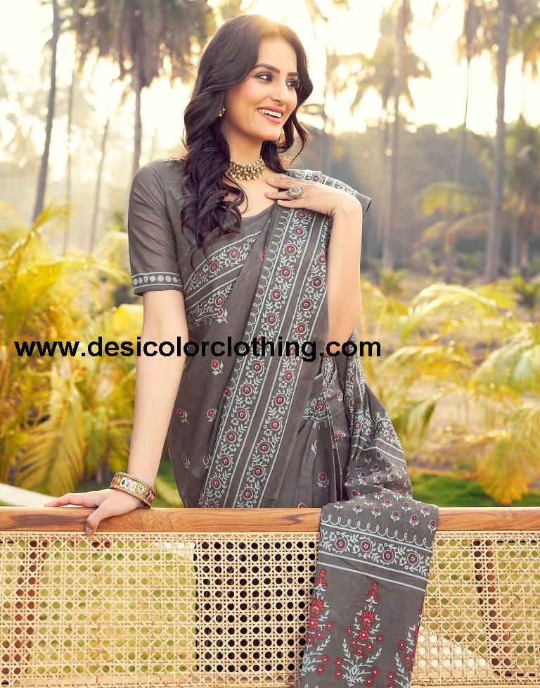 Stone Grey Cotton Printed Ready To Wear
