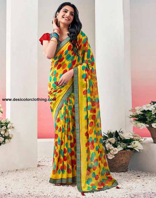 Yellow Chiffon Printed Saree