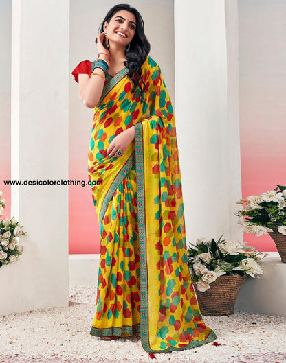 Yellow Chiffon Printed Saree