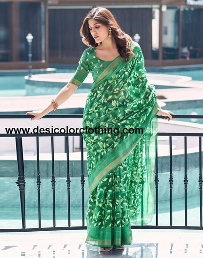 Sea Green Cotton Printed Saree
