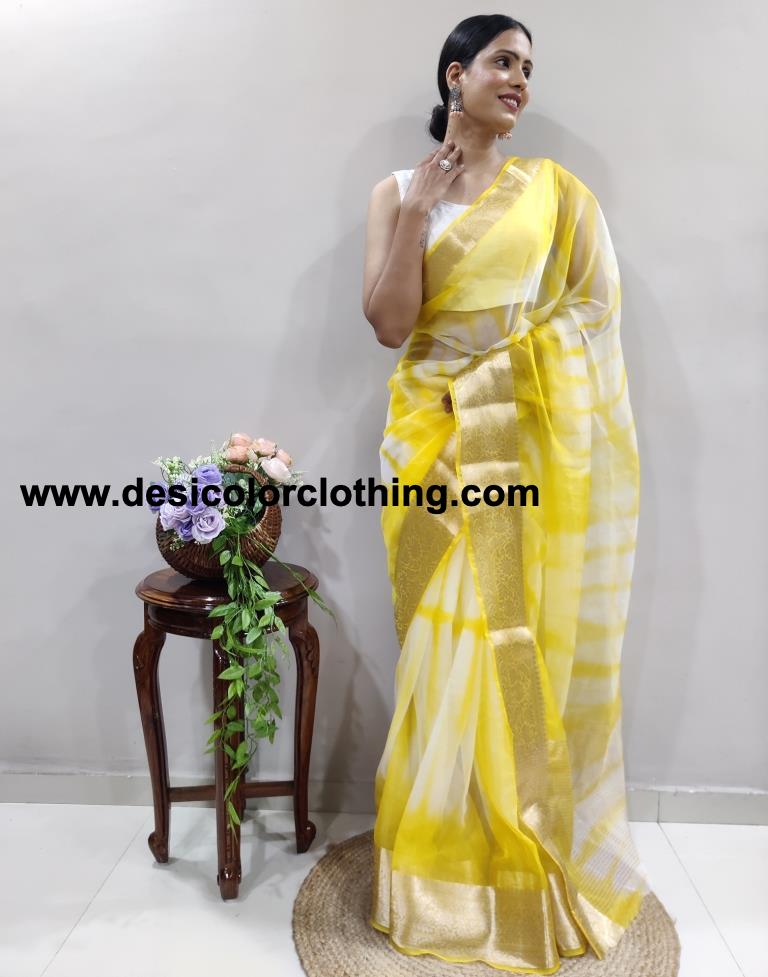 Yellow Organza Printed Saree