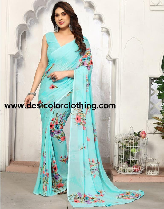 Sky Blue Georgette Printed Saree