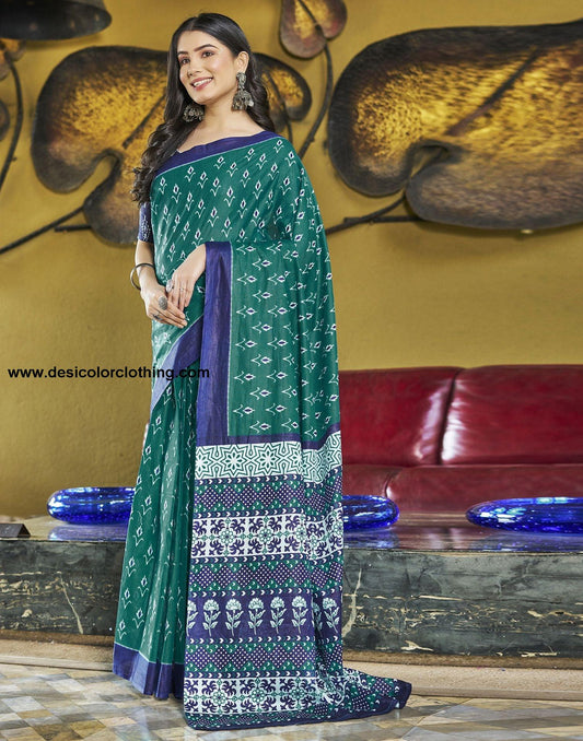 Rama Green Printed Cotton Pre-draped Saree
