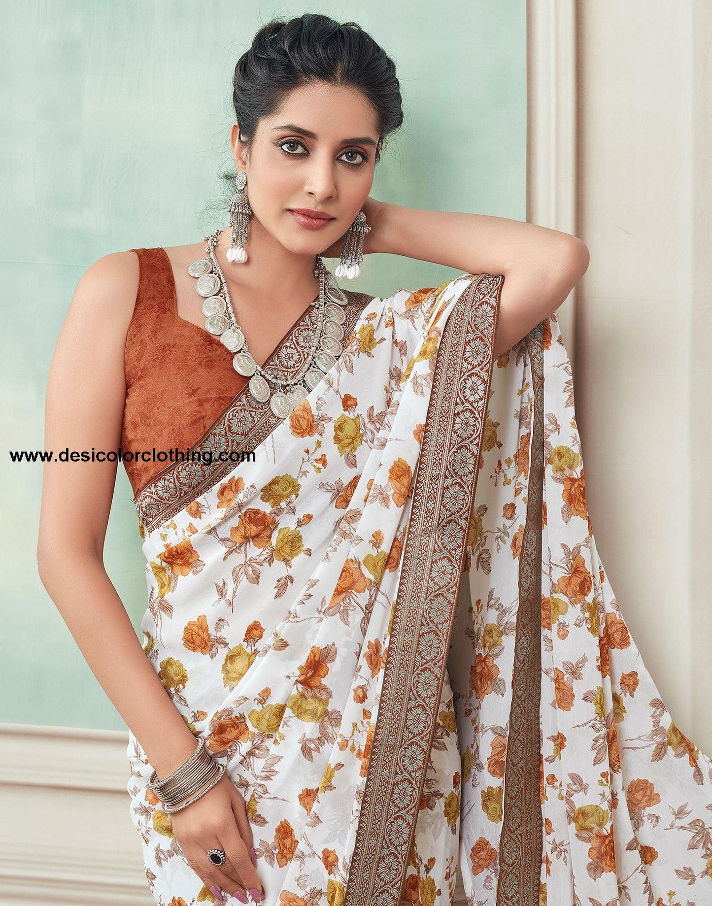 White Printed Georgette Saree